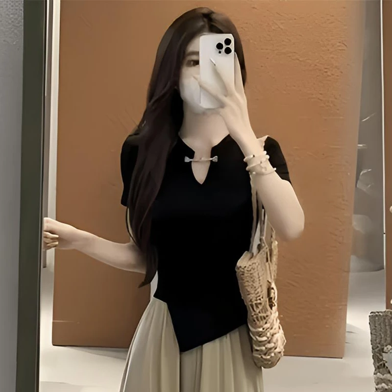 新款夏季T恤女中国风下摆不规则收腰立领盘扣显瘦v领气质复古短袖