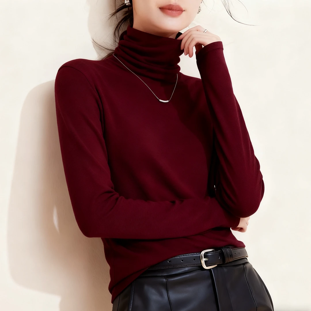 打底衫女内搭堆堆领冬季奥绒保暖T恤直筒宽松小高领打底衫女上衣