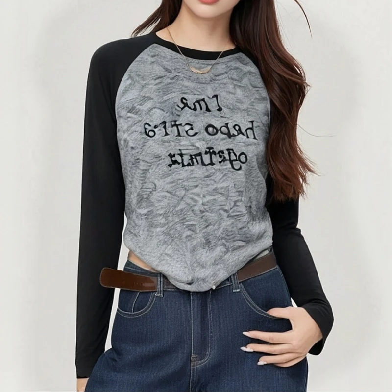 2025早秋韩版百搭显瘦撞色圆领字母打底T恤LK2506647