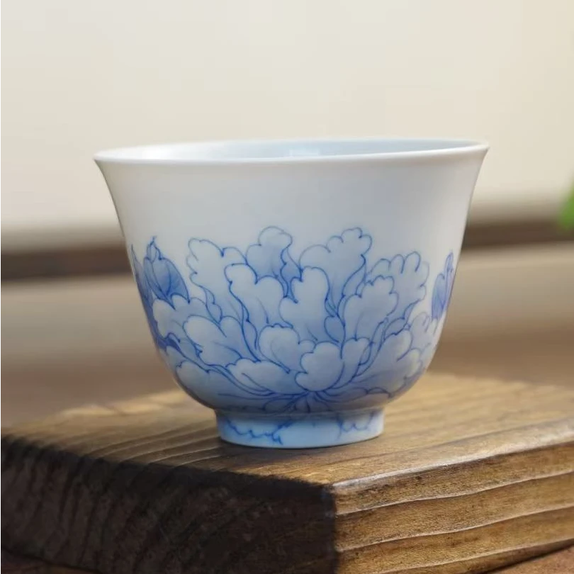 素锦山房山纯手工手绘牡丹花青花瓷主人杯景德镇高温釉下彩茶杯