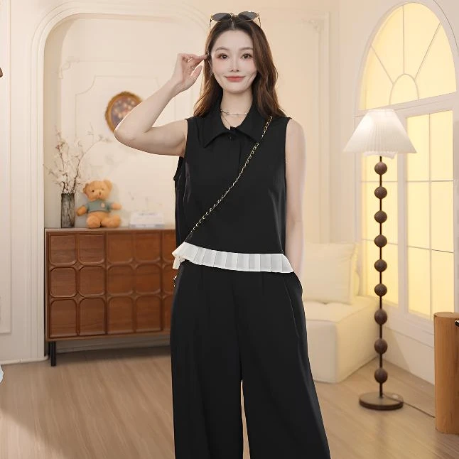 【百家好】2025时尚法式气质显瘦百搭短袖上衣长裤套装DX662