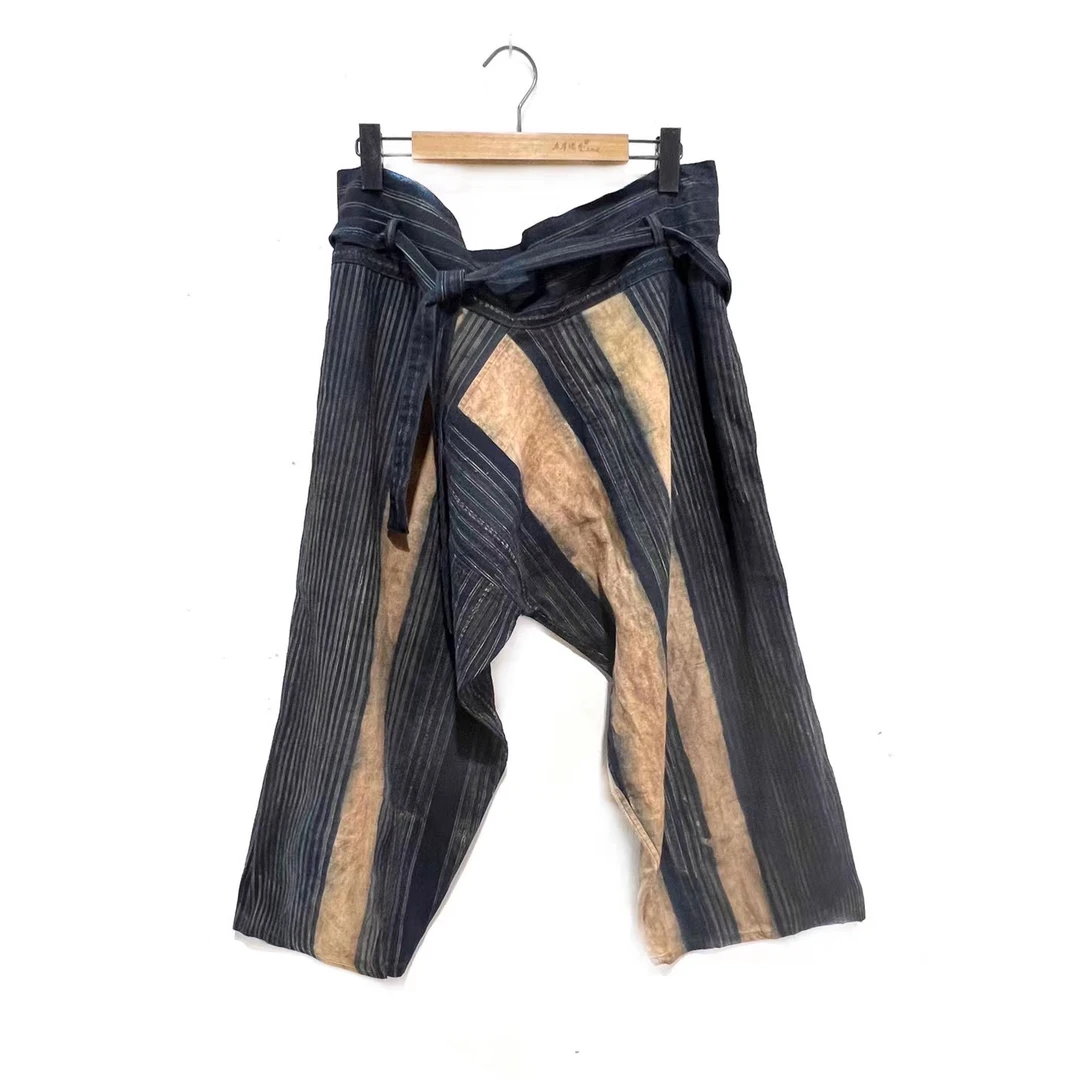 Z23SS3017左岸迷香 拼接棉质条纹复古休闲裤女装显瘦直筒九分裤