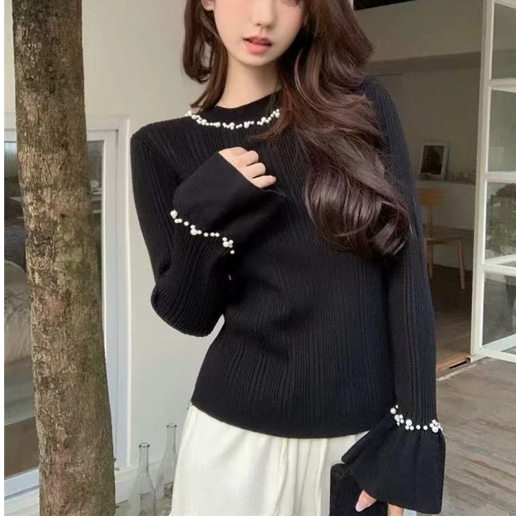 3567大码女装2025春装新款圆领时尚洋气钉珠设计感百搭上衣针织衫