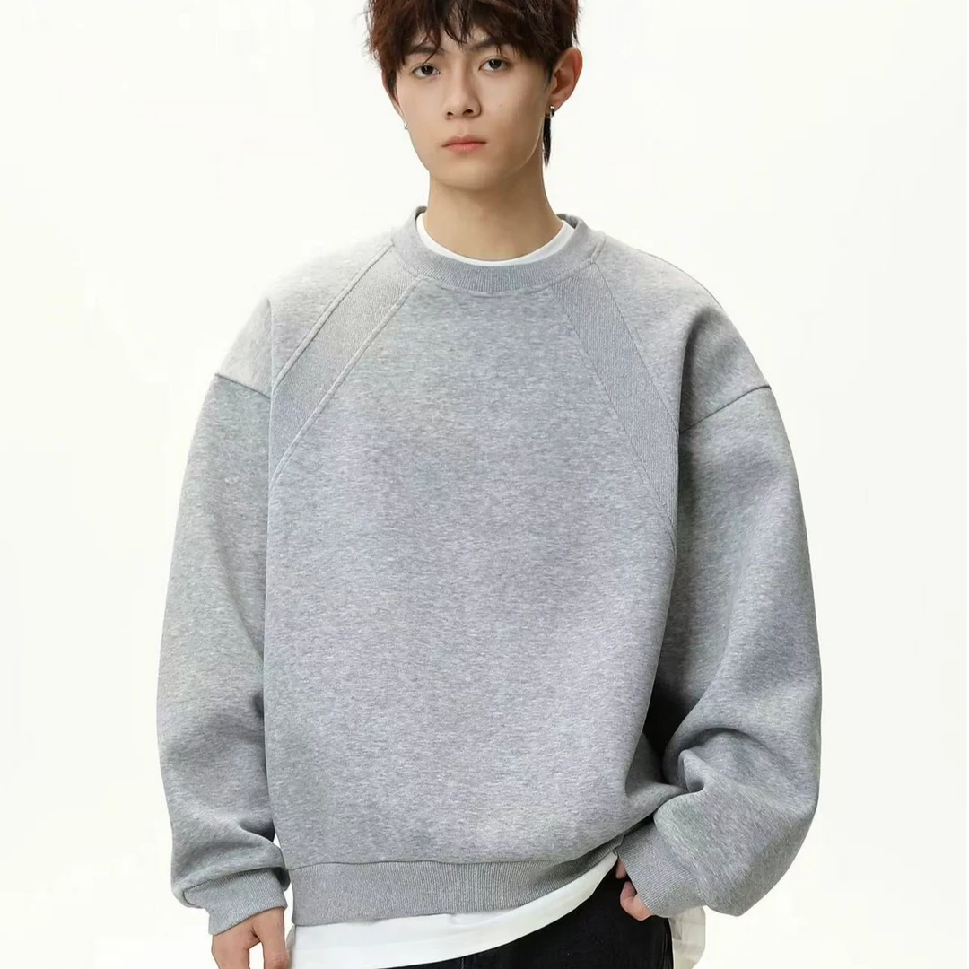 秋冬季大码美式拼接圆领卫衣高街百搭宽松上衣潮牌情侣韩版外套