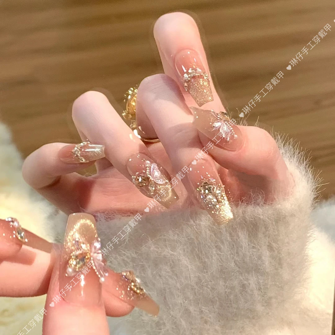 鎏金蝴蝶纯手工光疗美甲贴果冻贴片指甲穿戴甲简约梯形重复使用