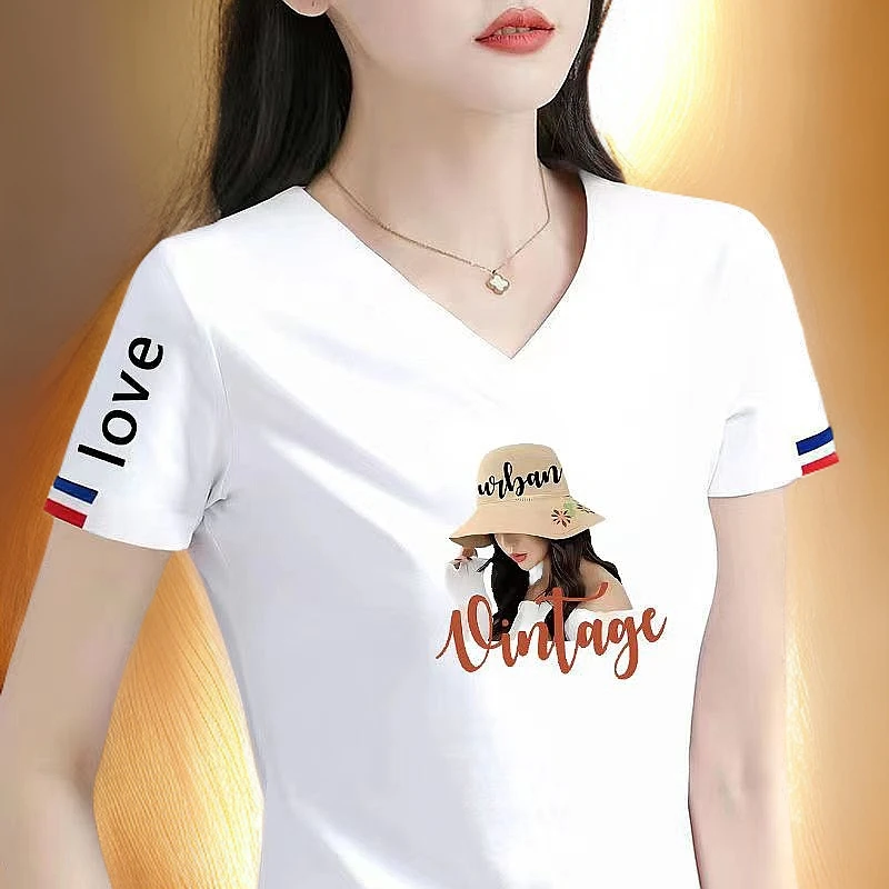 捡漏2025~尾单大牌剪标V领短袖拼接休闲百搭T恤夏季显瘦宽松体恤