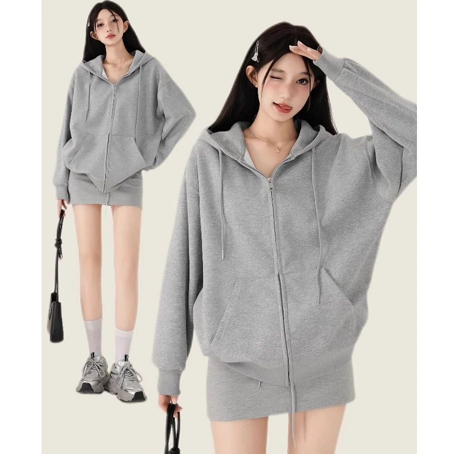 美式灰色卫衣外套女春秋2025新款宽松连帽拉链开衫慵懒上衣小个子