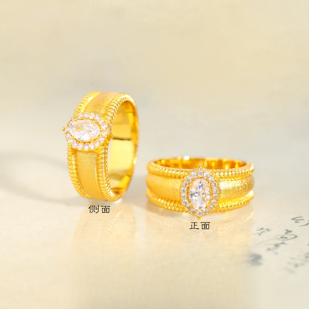 铜合金戒指 古风闪闪拉丝鸽子蛋戒指宽版排戒指环