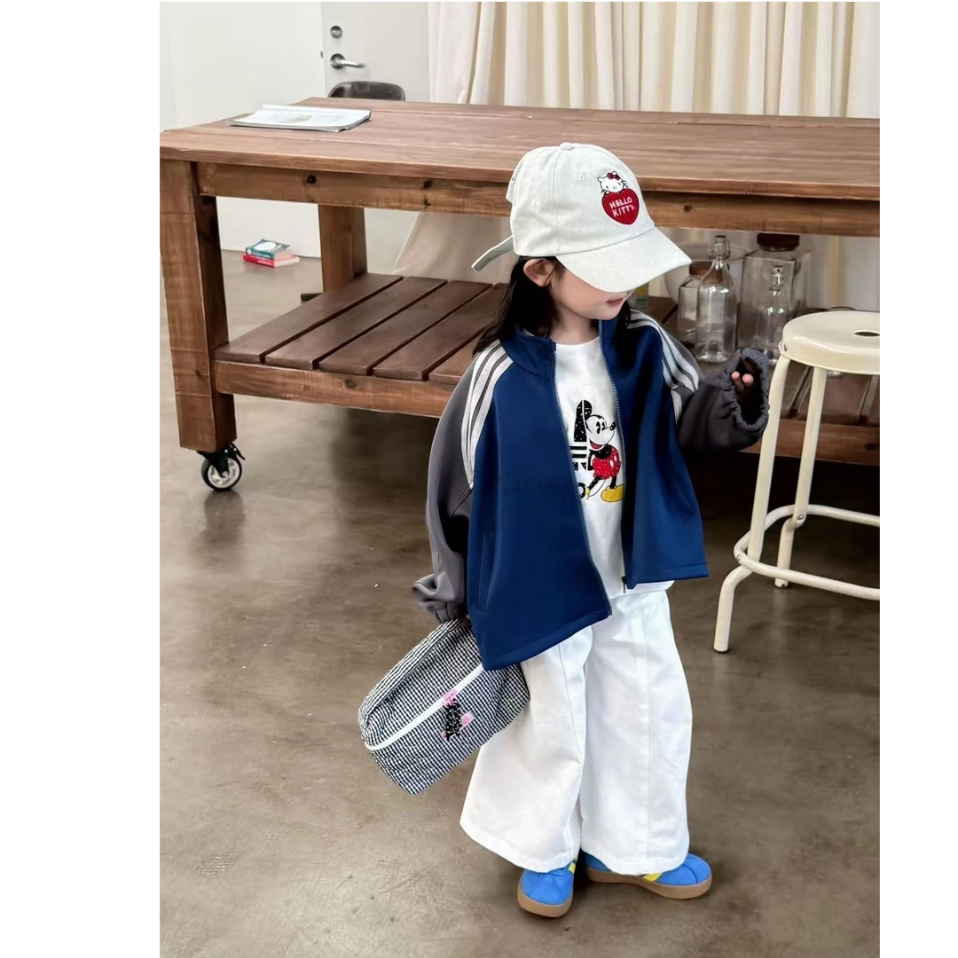 壹妈韩版童装女童秋装套装洋气儿童蓝色条纹外套米奇上衣白色裤子