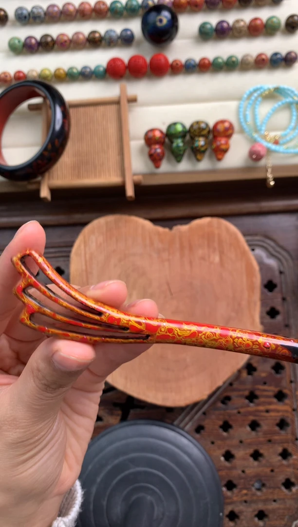 大漆彰髹发簪 红金