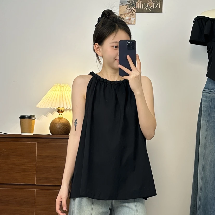 【喜果推荐】韩系无袖挂脖衬衫女夏季新款时尚显瘦小众露肩上衣女
