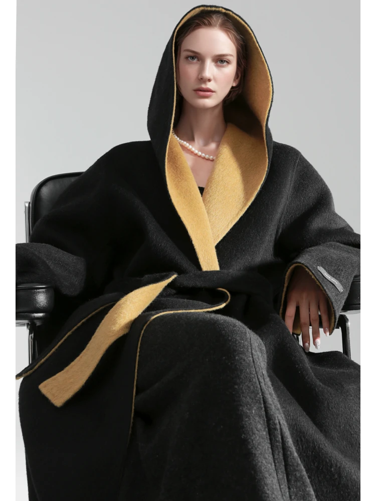 简创-早秋轻奢斗篷连帽双面双色大衣女高级感毛呢外套PI25A0233