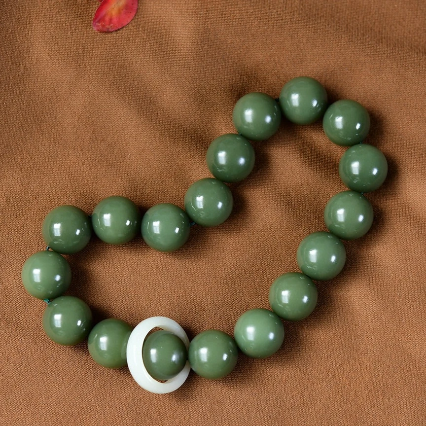 天然和田玉沙枣青手链 18颗 手持 念珠单圈玉石手串l男士大颗粒