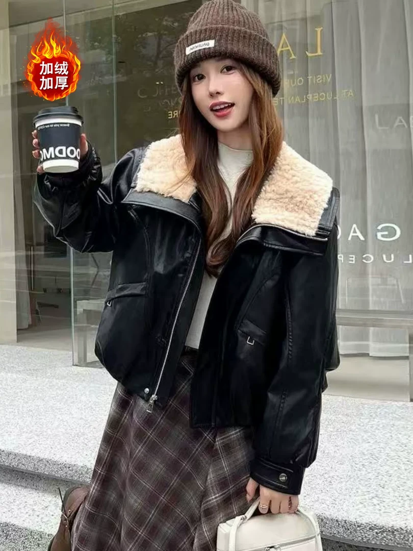 ZZ加绒秋冬毛领皮衣2025新款女士加厚短款洋气机车外套翻领冬季