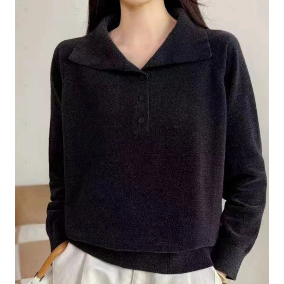 纪凡姬-4070-纯色长袖宽松型厚款翻领毛针织衫百搭上衣