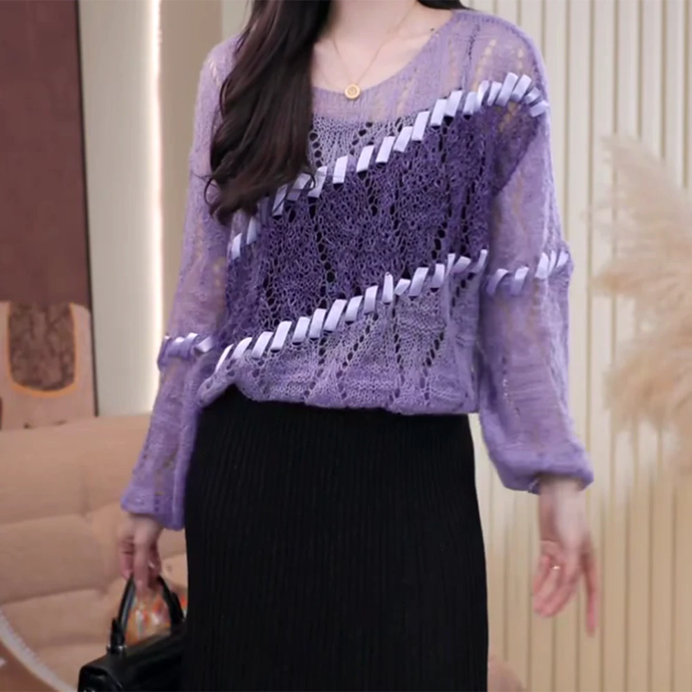 蔷薇 2025春夏上新百搭休闲欧若风针织衫女时尚镂空气质圆领