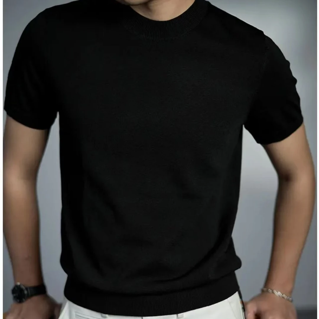 [进口纱线]男士针织T恤圆领