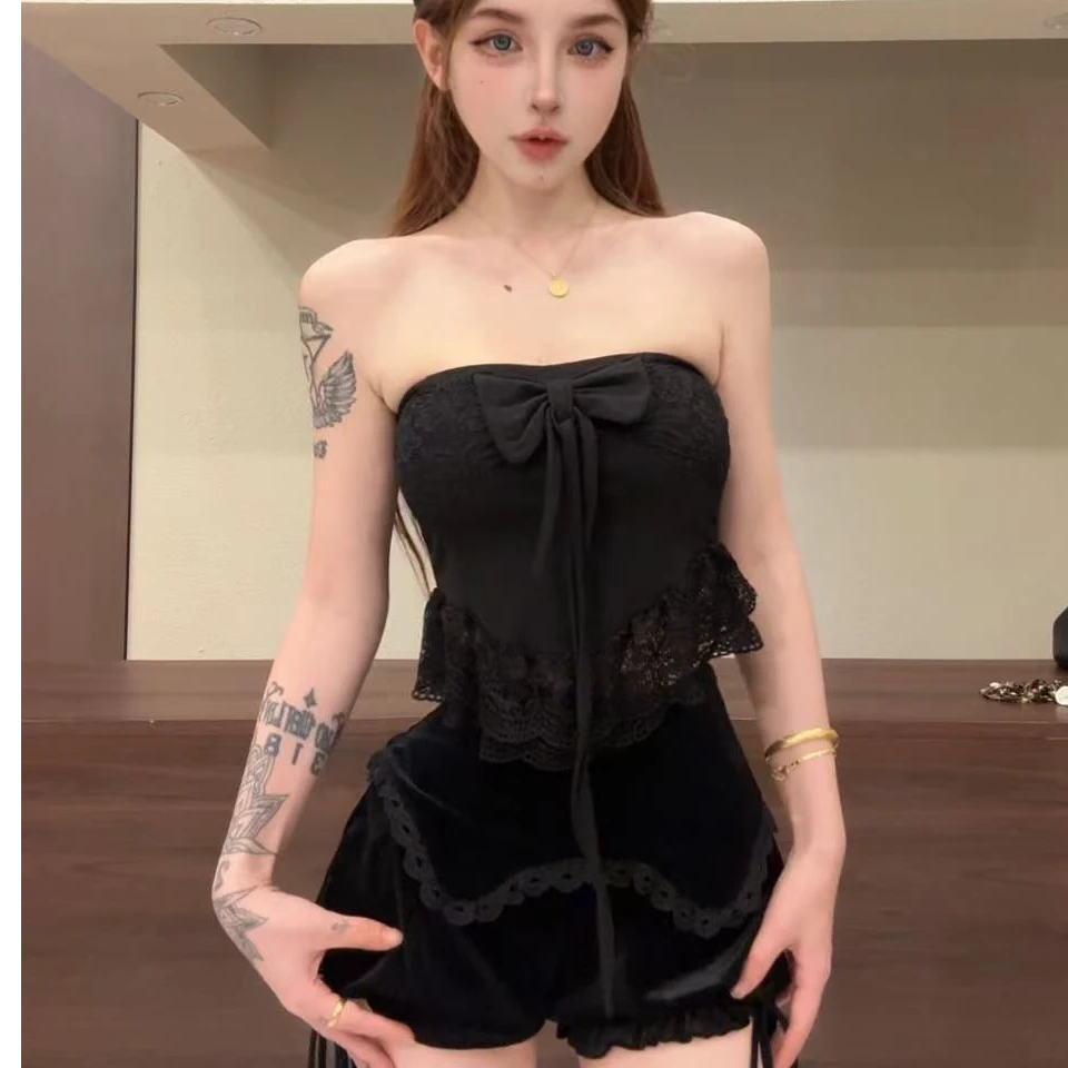 龙怼怼推荐【花似锦】显瘦抹胸气质通勤辣妹性感美背美背黑色夏季