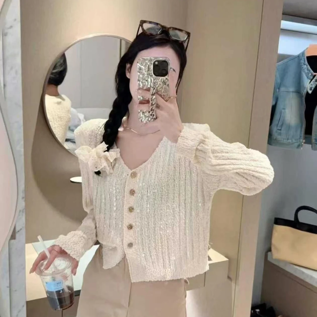 小香风轻奢亮片针织开衫女亮闪闪V领薄毛衣外套长袖早春chic上衣
