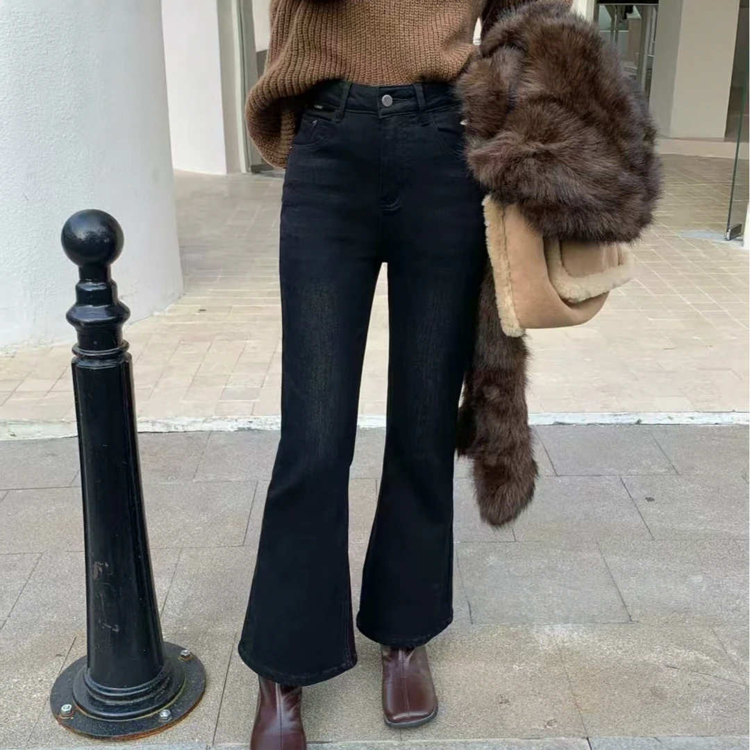 2136【静姐家】植绒小个子显瘦显高百搭微喇高弹牛仔裤