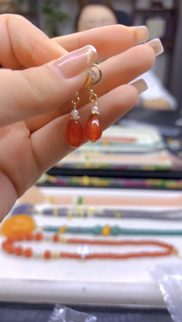 南红玛瑙14K金镶嵌耳饰DIY款E864