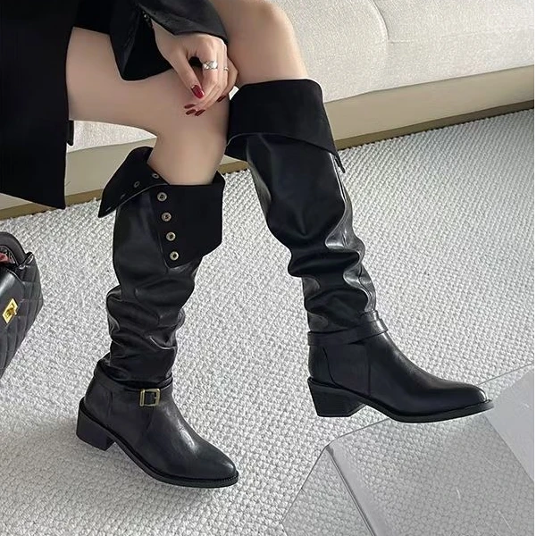 c位出道～！两穿褶皱堆堆靴女粗跟骑士靴过膝长筒靴3060