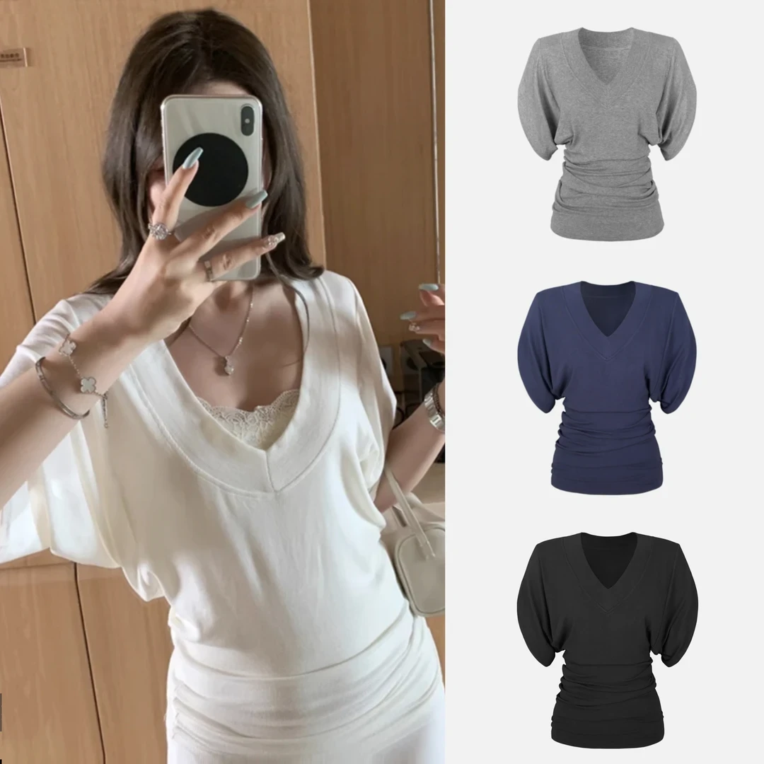 2025夏季宽松洋气辣妹大V领设计款修身显瘦纯色百搭款+白V领上衣