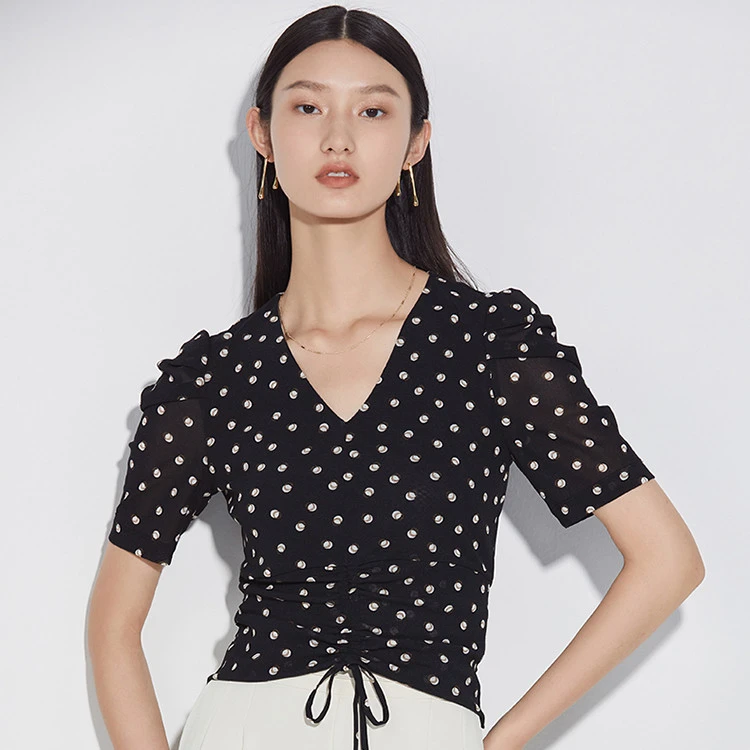 【珊珊专属】复古波点衬衫泡泡袖抽绳短款短袖衬衣气质修身M310132