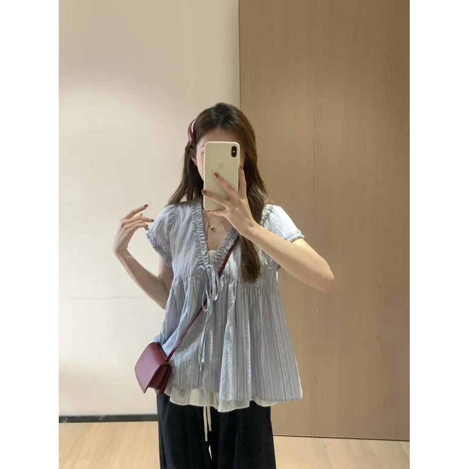 韩系气质通勤假两件宽松衬衫条纹薄款设计感百搭遮肉显瘦短袖上衣