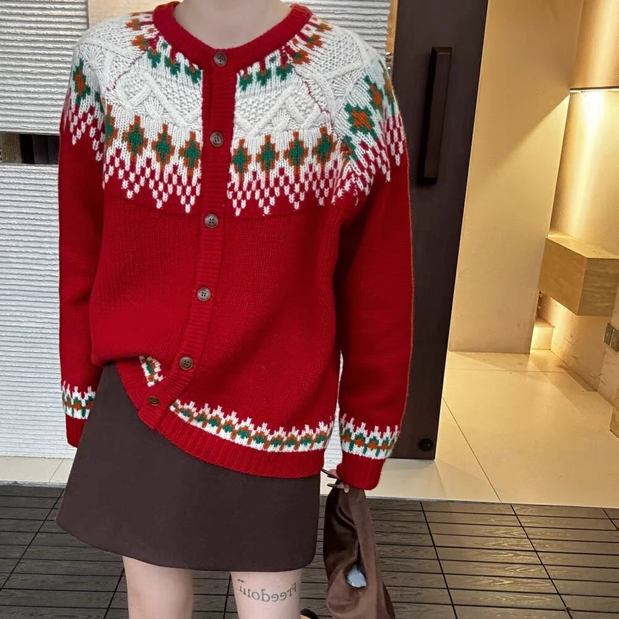 25新年款全毛针织加厚韩版慵懒流行圣诞费尔岛红色毛衣针织开衫