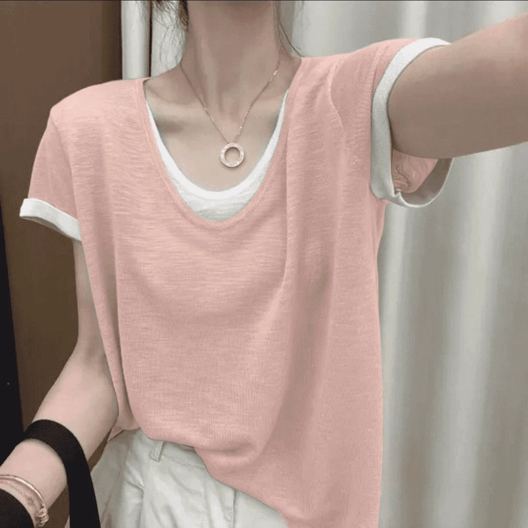 冰感透气棉T夏季薄款假两件v领T恤宽松上衣显瘦百搭洋气衣服女