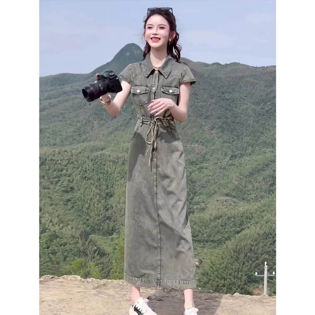 韩版复古POLO领短袖牛仔连衣裙女夏季新款收腰显瘦后开叉洋气长裙