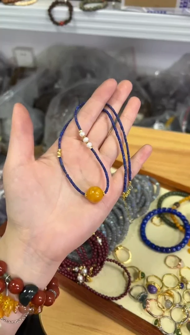 【闪购商品】青金石颈饰未镶嵌青金石蜜蜡大珠项链[0537]