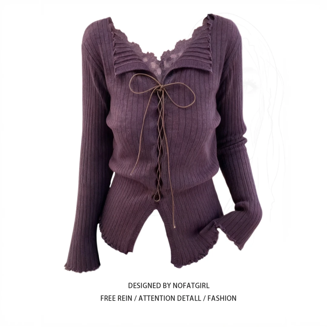 大码胖MM韩系绑带花边针织上衣女秋季新款紫色修身显瘦假两件内搭