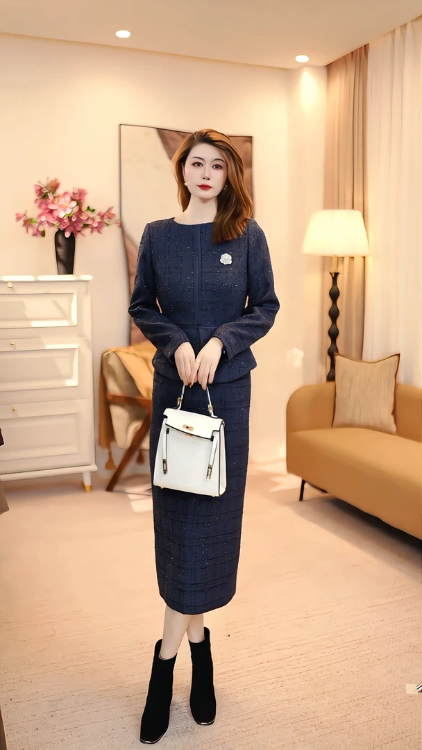 长袖显瘦套头款轻职风拉链连衣裙小香风时尚女装轻奢 86141