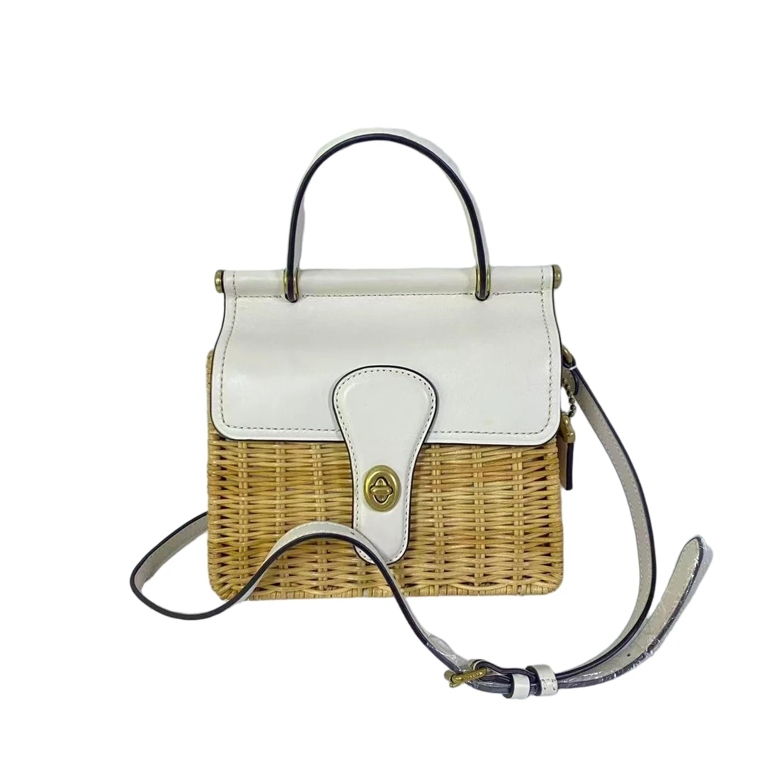 95新 COACH/蔻驰 编织拼皮手提斜挎包时尚经典单肩白色XY-60232