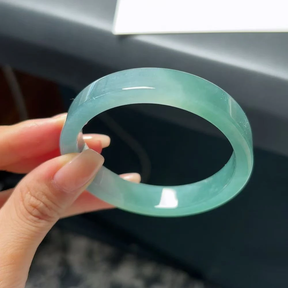 天然翡翠A货公主镯宽版方镯手镯半山半水蓝绿渐变色圈口54