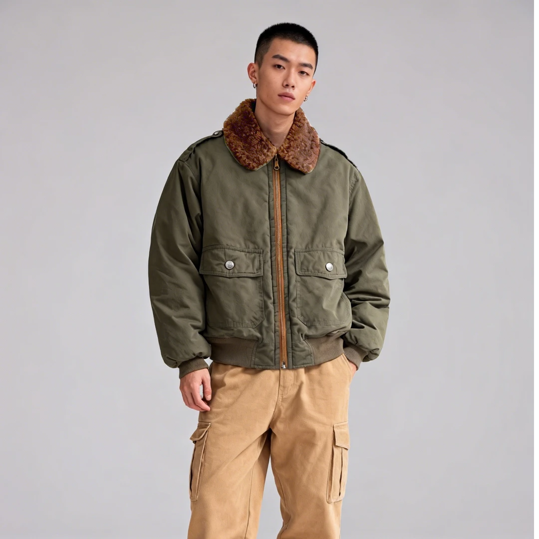 美式空军复古轰炸机加厚毛领翻领保暖棉服中性风工装夹克外套军绿