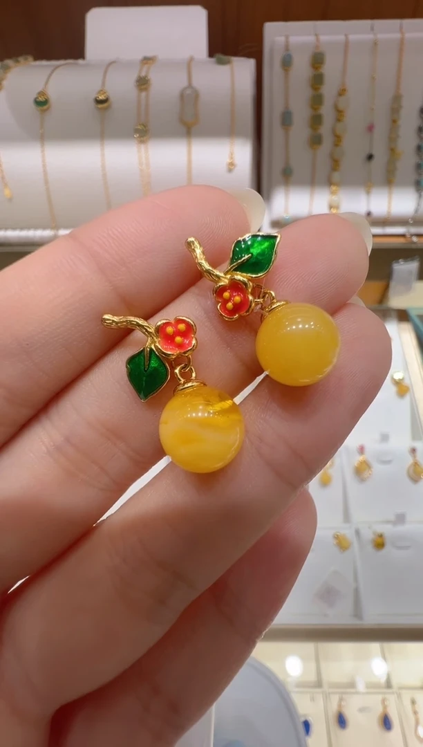 银S925镶嵌蜜蜡耳饰@@C9450ML