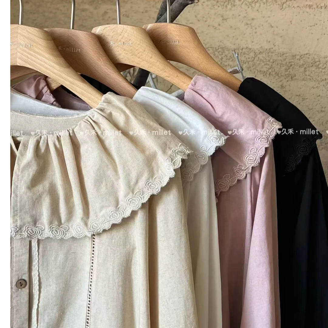 【小李】JH重工刺绣荷叶领棉麻衬衣