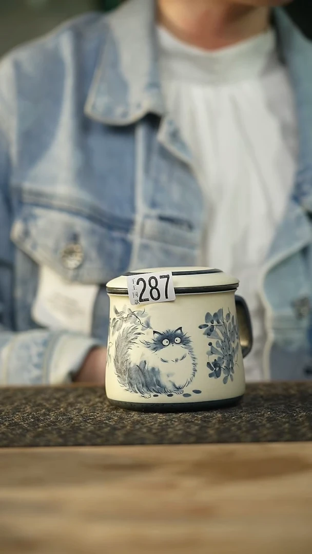 设计师款 青花猫猫办公杯