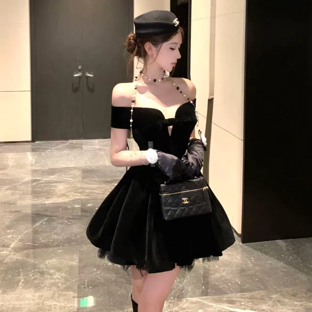生日party礼服裙高端轻奢小众公主蓬蓬裙抹胸一字肩丝绒连衣裙女