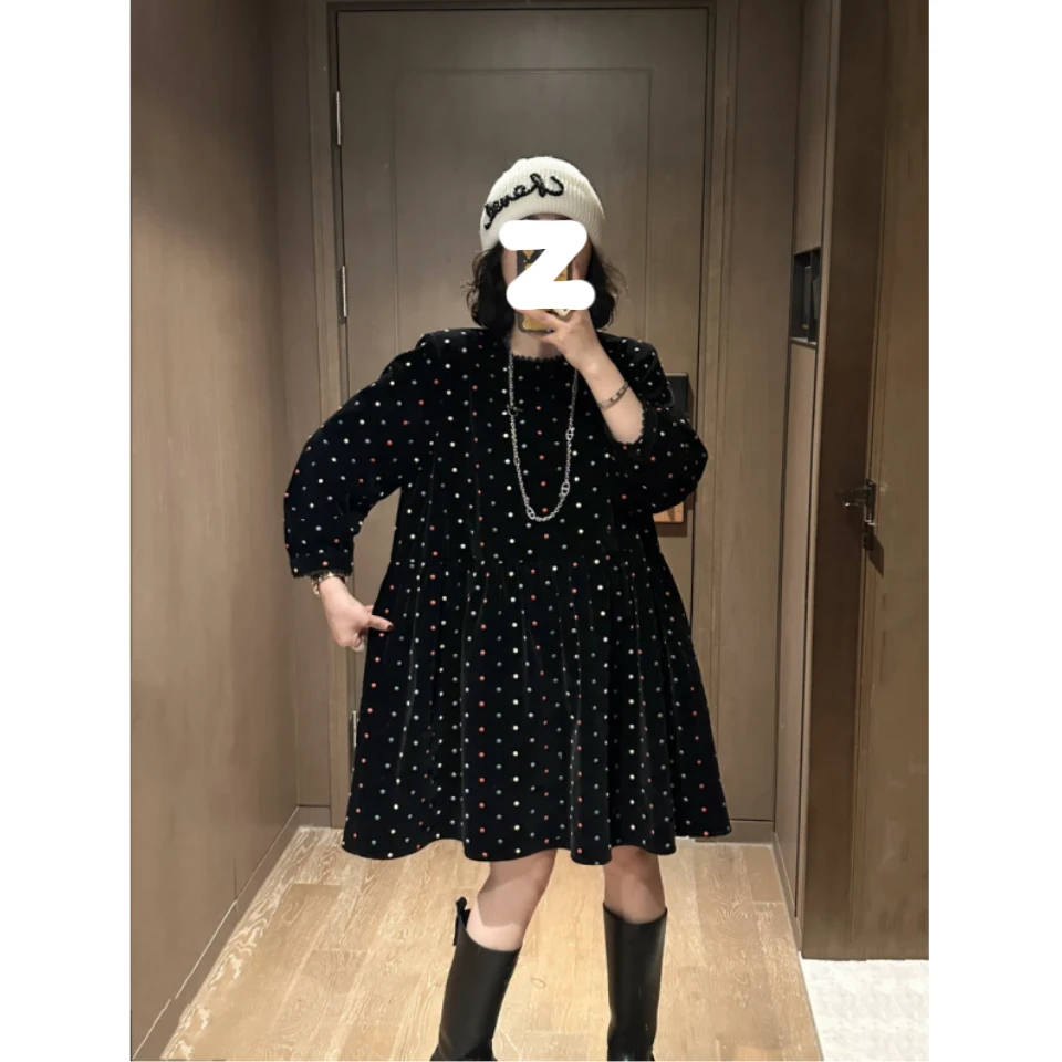 波点减龄元素设计连衣裙2025秋季大码胖MM黑色时尚气质宽松裙子女