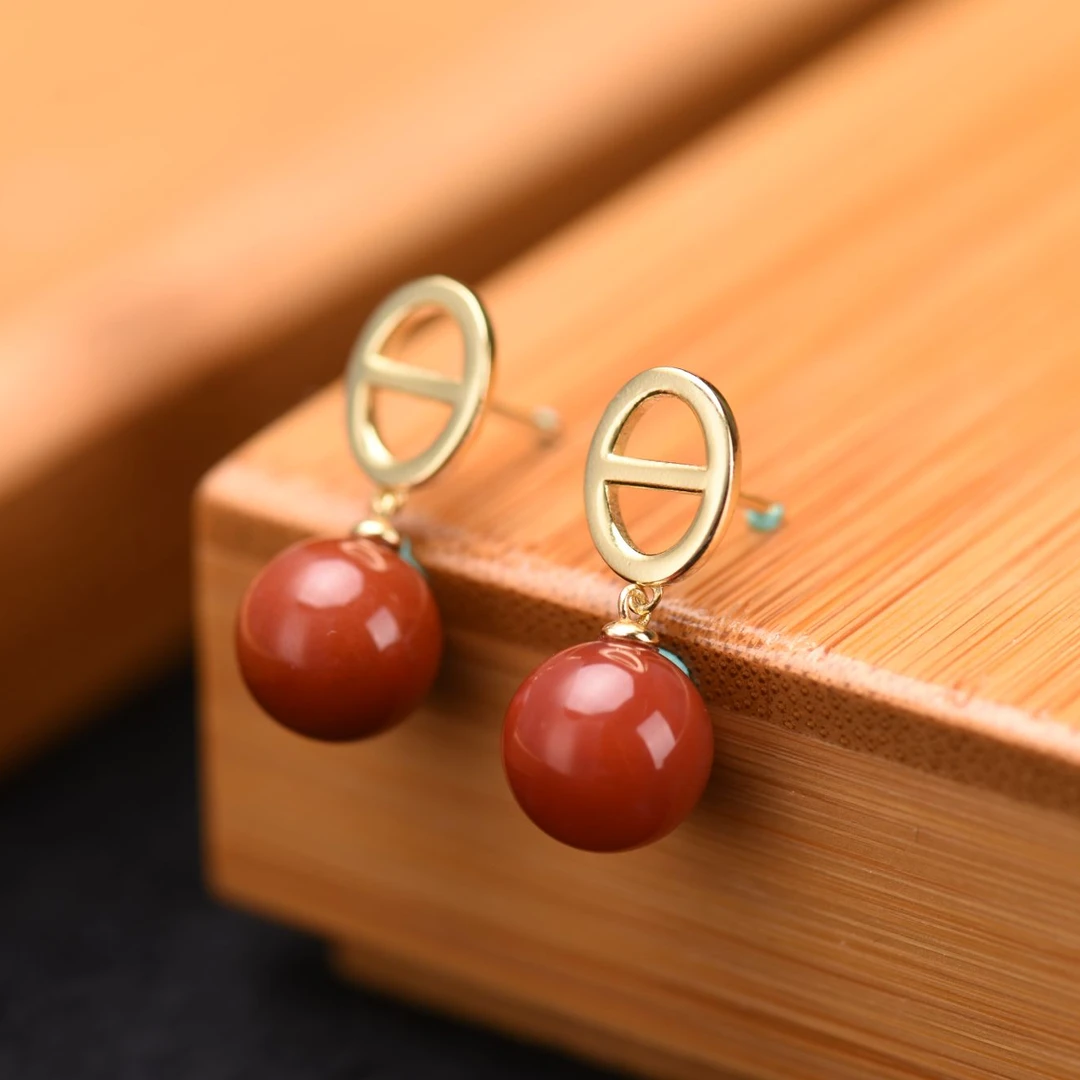 0优化原矿无注胶无烤色锦红南红耳坠 10mm（多样性发货）