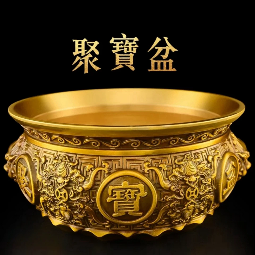 黄古铜新款双耳狮子头精工聚宝盆家居办公室装饰寓意吉祥摆件