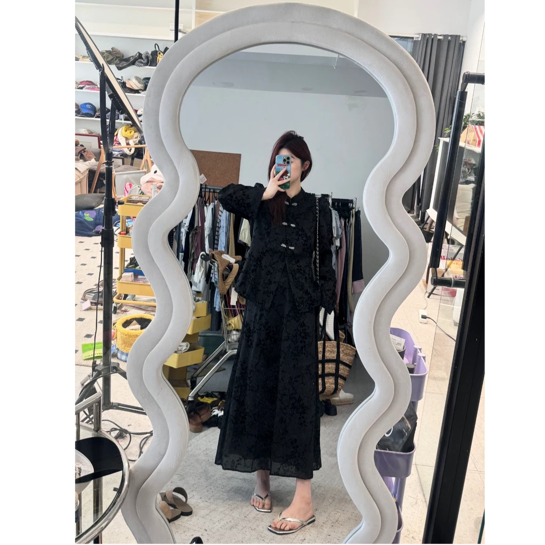 晶咕晶咕【烟雨江南】晕染水墨画盘扣上衣+高腰宽边半