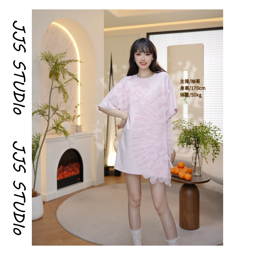 5052931『花间柔光』2025早春简约中长款宽松小众设计师春夏短袖T裙