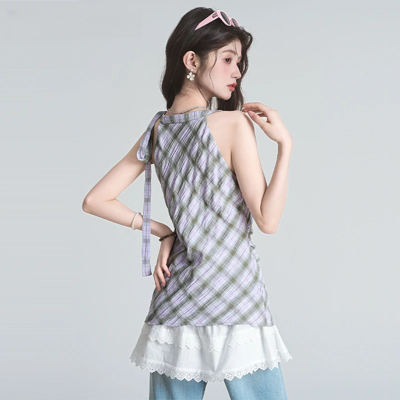 帛卡琪甜美蕾丝拼接挂脖连衣裙女春夏季新款甜辣高级感背心群