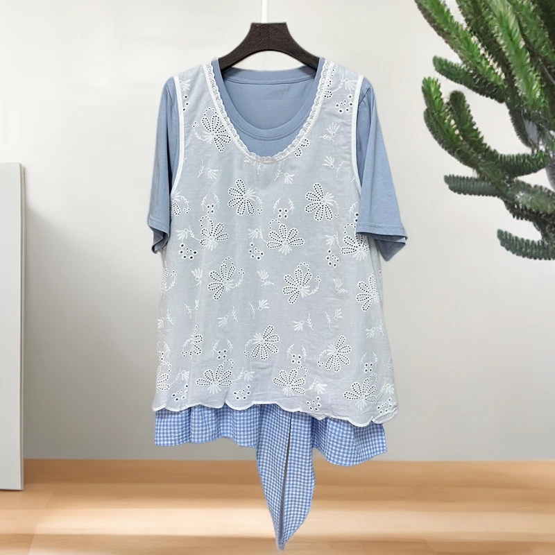 大码女装短袖T恤马夹套装120斤到240斤胖mm遮肚子显瘦两件套夏季