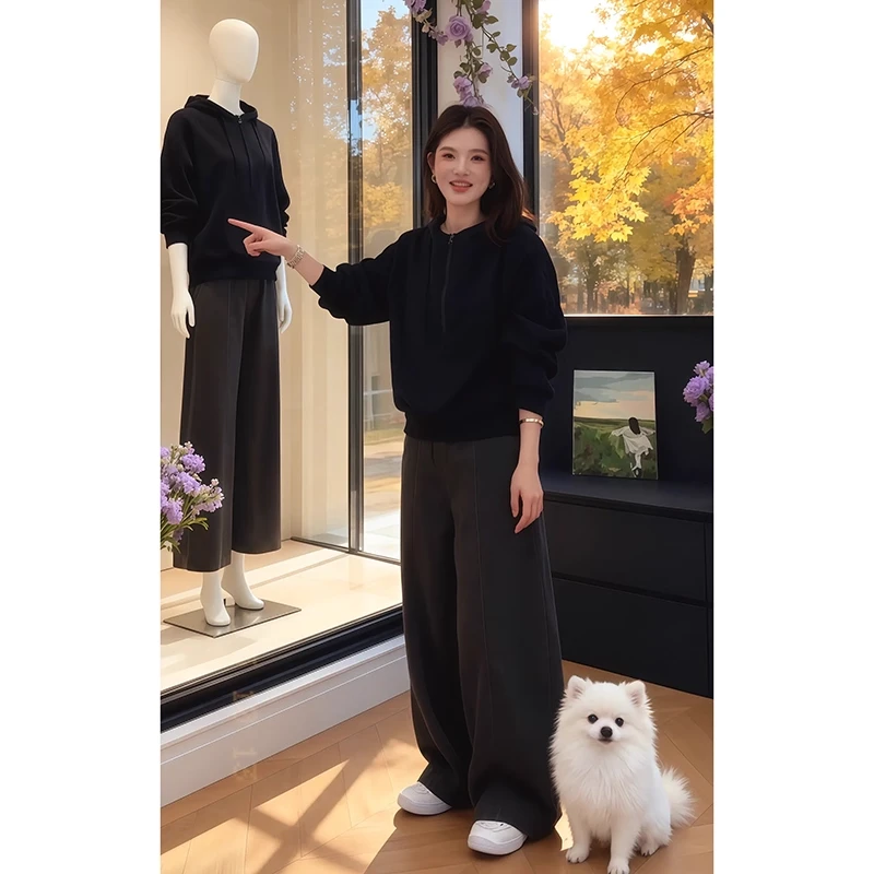 欧美炸街穿搭两件套女秋冬新款韩版气质宽松减龄上衣高腰休闲裤潮